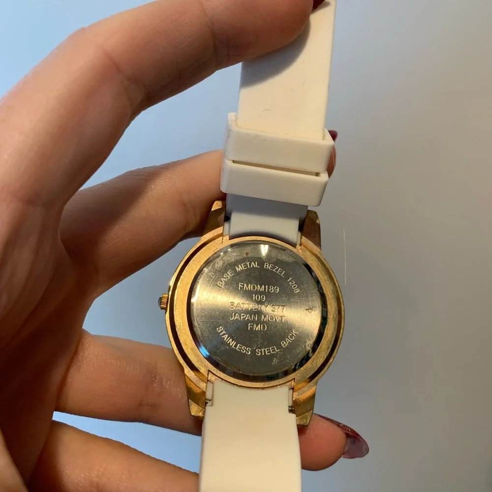 Rose gold & diamond accent watch with white band